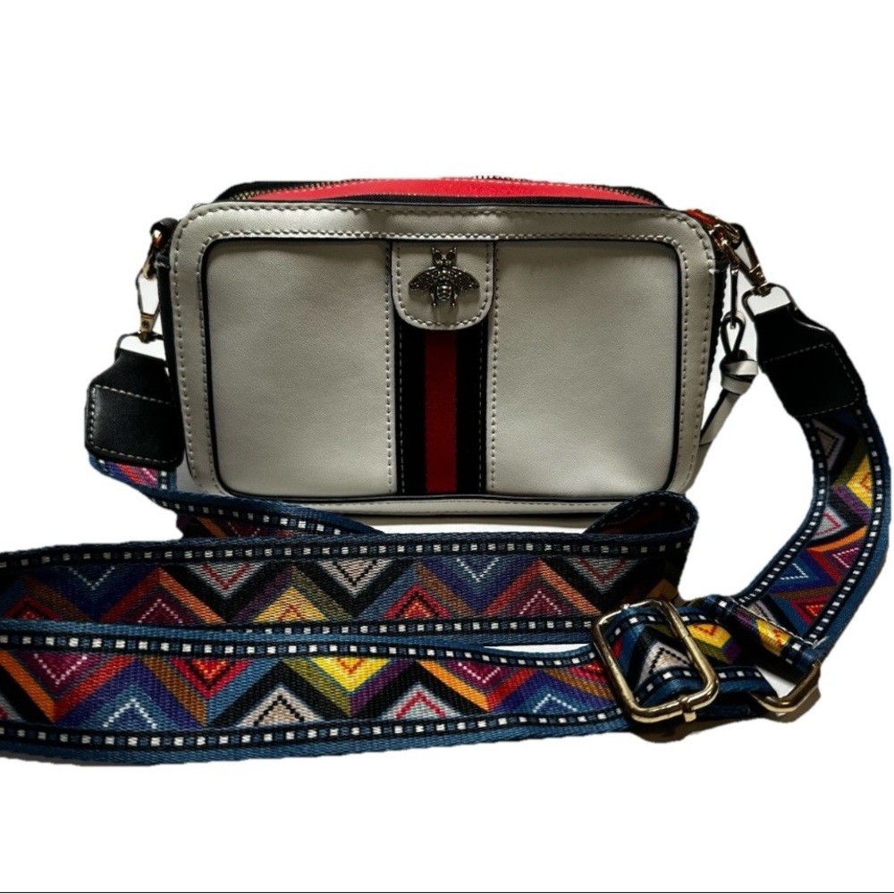 Designer Leather Bee Crossbody Purse with Colorful Adjustable Fabric Strap